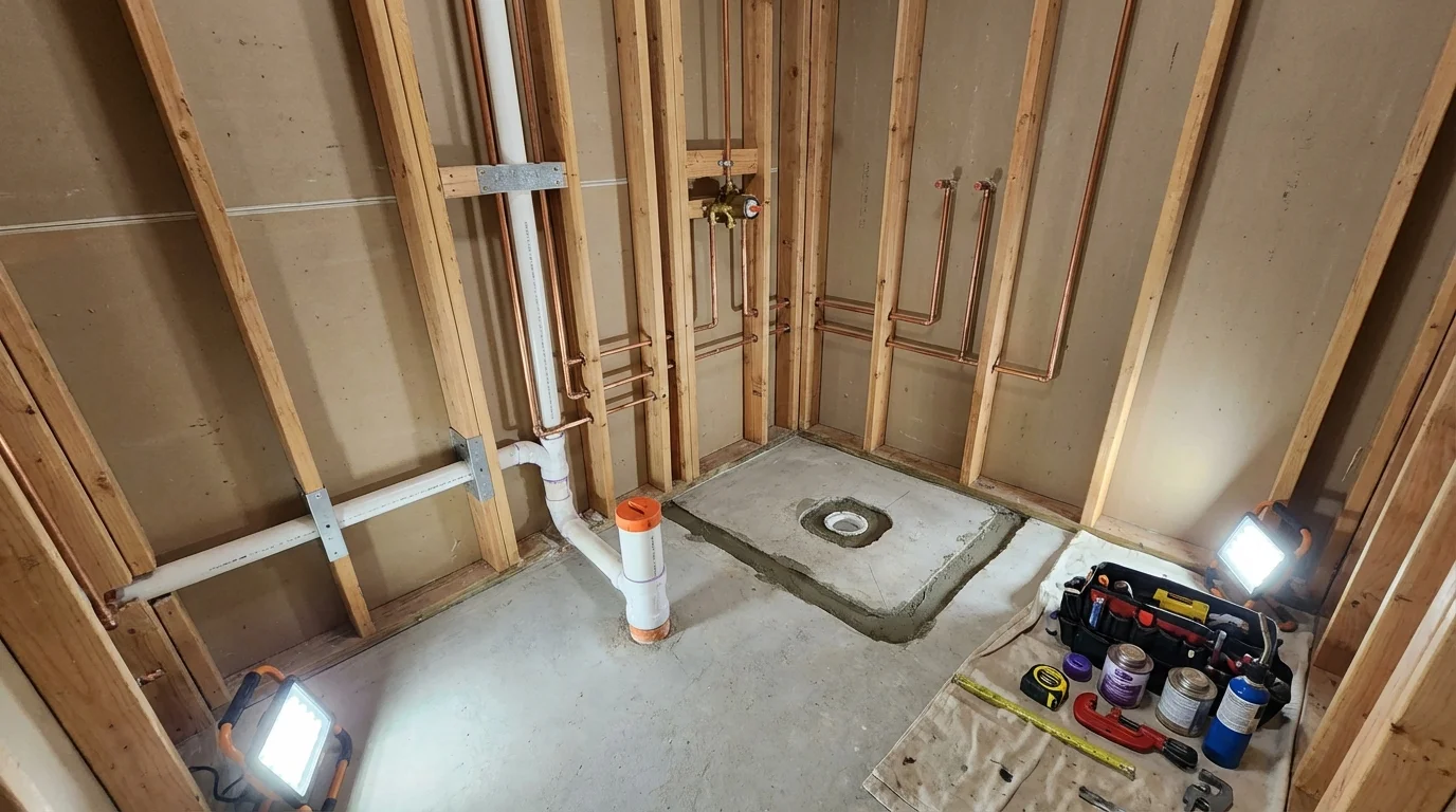 Bathroom rough-in plumbing during remodel by Johns Plumbing LLC in Tomball