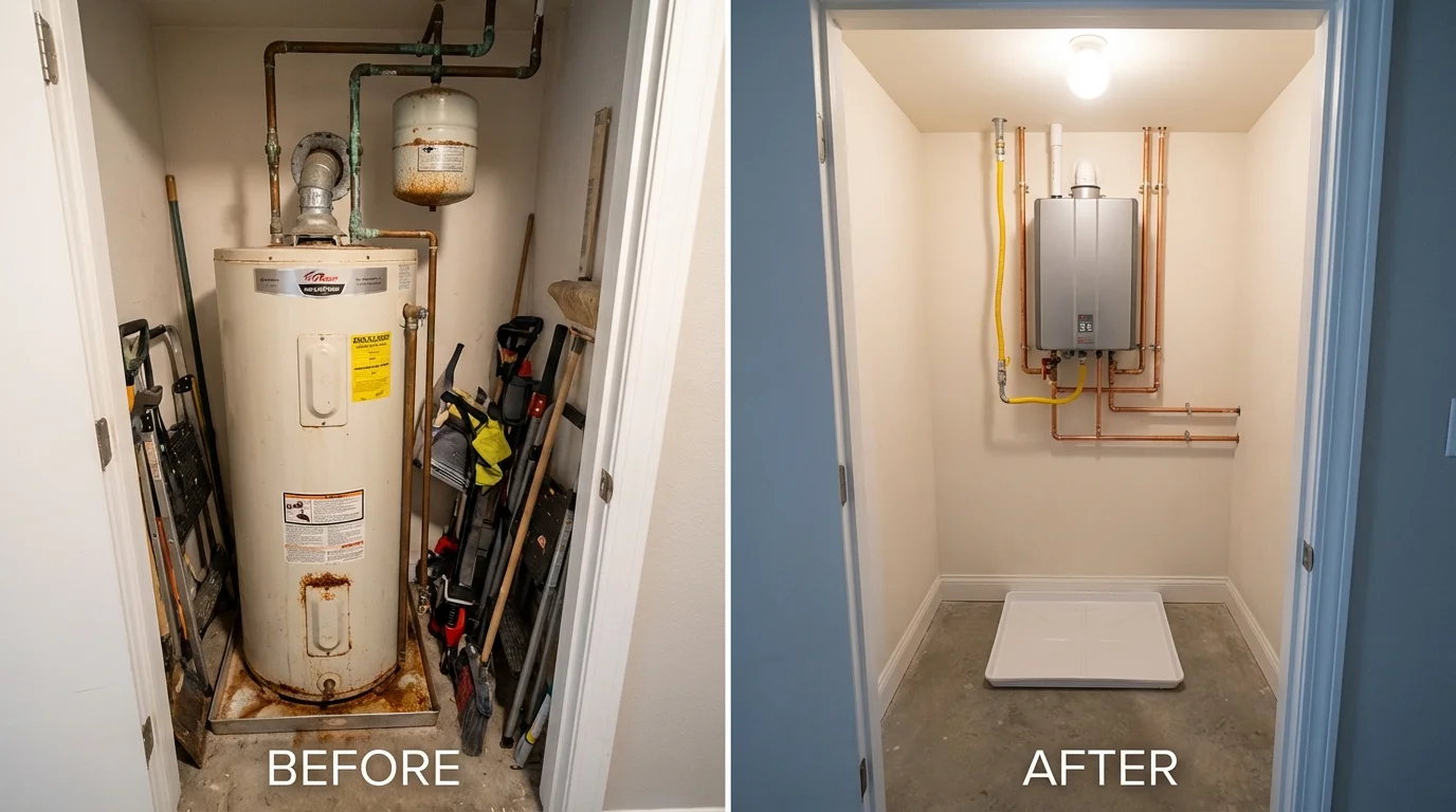 Tank water heater versus wall-mounted tankless unit comparison for Tomball, TX homeowners