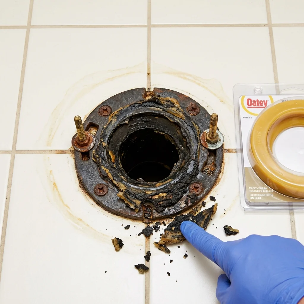 Failed wax ring showing water seepage at the base of a toilet in a Tomball, TX home