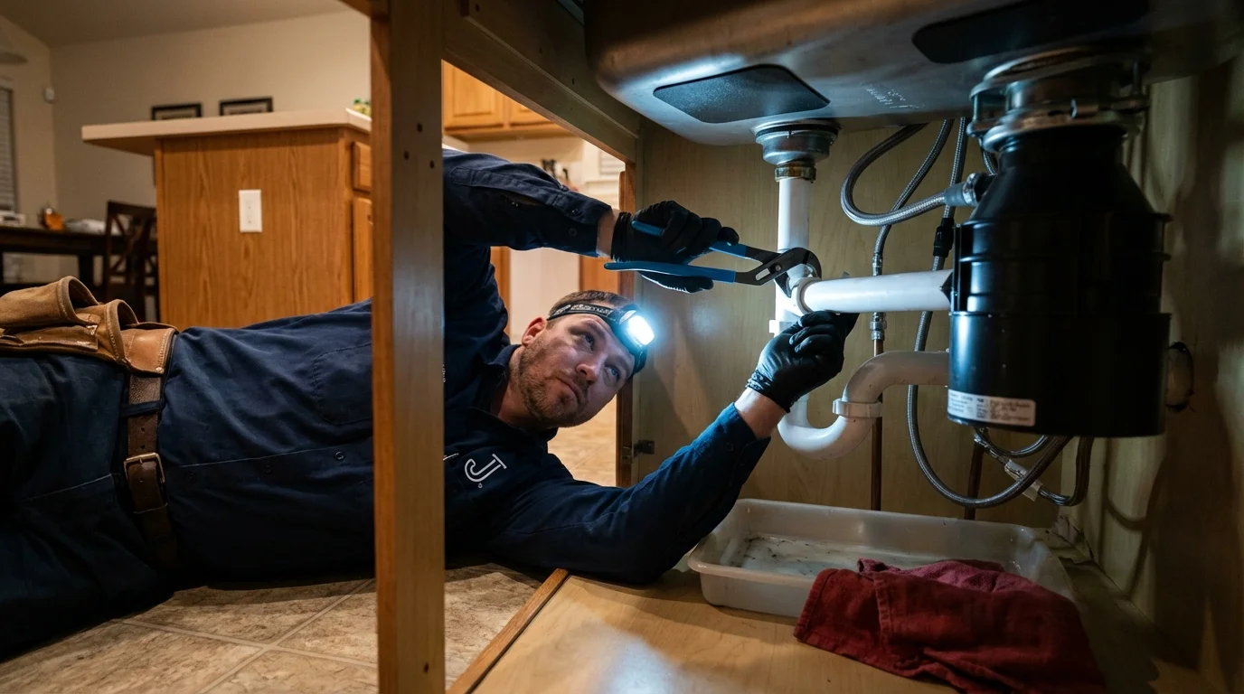 P-trap and supply line connections under a kitchen sink showing a common leak point in Tomball, TX